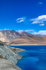 Landscape with mountains on the lake named Pagong Tso or Pagong Lake, situated on the border with...