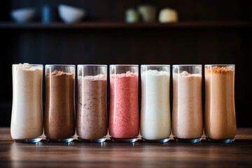 variety of flavored protein powder in jars. AI Generated