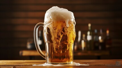 A Beer Pint's Overflowing Foam Head Artfully Descending onto a Wooden Surface. Generative AI