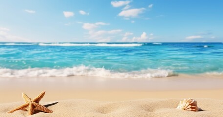 Fototapeta na wymiar Summer Sands. A Tranquil Beachfront with a Hazy Ocean Horizon. Generative AI