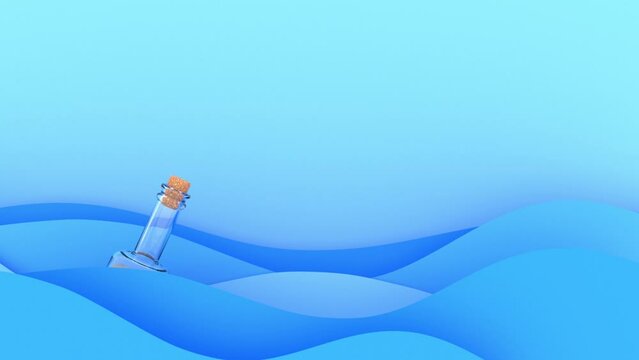 a bottle with a treasure map in the sea, inflatable toy, cartoon style, 3d render