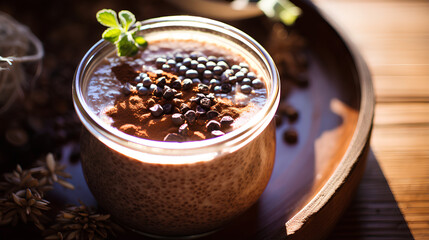 Chocolate Chia Pudding on a wooden table, boho decoration, beige colors, morning lighting