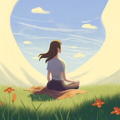 Mental health awareness. Women's health. A happy, meditating female. Outdoor yoga. Lotus. Good vibes. Harmony. Freedom. Soulful. Picnic. Watching nature, life. Single lady. Joy. Conciliation