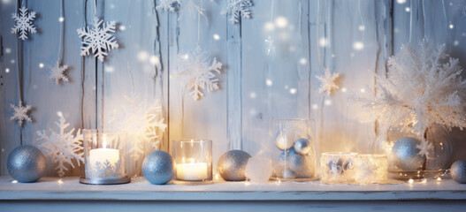 Festive Winter Mantle with Glowing Candles and Delicate Snowflakes