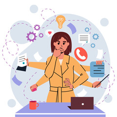 The girl does many things at the same time. Multitasking. Importance. Have a business and a businesswoman. Character. Vector stock illustration. Isolated. Flat style. Trendy person. White background