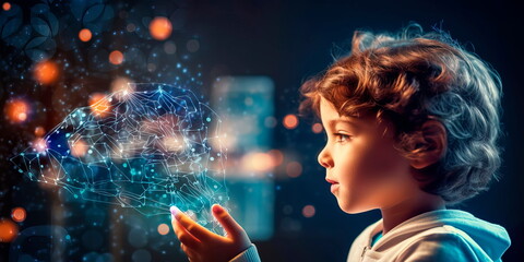 Digital hologram of a child's mind. Brain neuron network . Generative Ai - obrazy, fototapety, plakaty