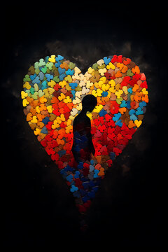 Capturing the essence of joy and affection, this image shows a person standing proudly in front of a resplendent, multi-colored heart