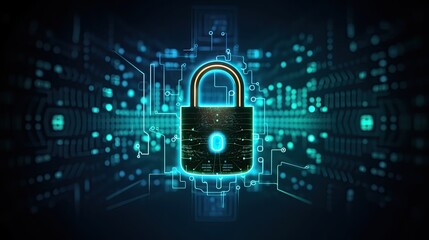 Cyber security concept with padlock on blue background 3D rendering. Ai generative