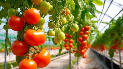 The Artful Cultivation of Ripe Tomato Plants Growing Serenely in a Greenhouse. Generative AI