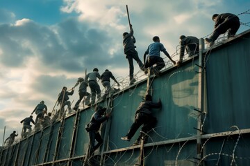Migrants climb over border fence. Crossing wire danger accident prison. Generate Ai