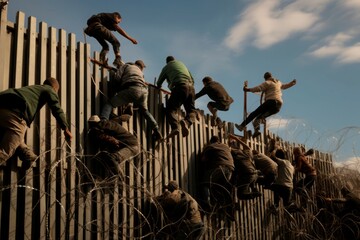 Migrants climb over border fence traffic. Wall police hands national guard. Generate Ai - obrazy, fototapety, plakaty