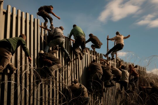 Migrants climb over border fence traffic. Wall police hands national guard. Generate Ai