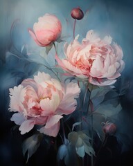 Abstract Elegance: Peony Flowers Poster Background Capturing the Flourish of Oil Acrylic Painting