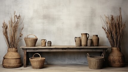 living room decorate with antique crafted basketry on old wooden table with beige concrete wall...