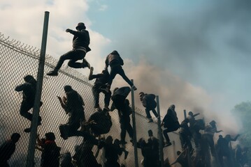 Migrants climb over border fence with fire smoke. Danger accident traffic holding hands. Generate Ai - obrazy, fototapety, plakaty