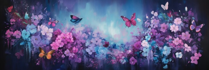 Aerial Ballet: Poster Background with Abstract Oil Acrylic Painting of Flowers, Birds, and Playful Butterflies - obrazy, fototapety, plakaty