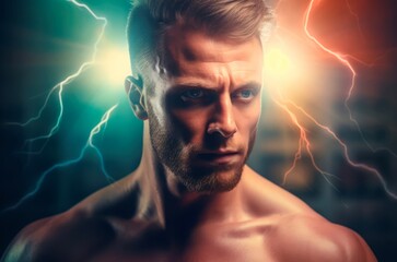 Muscle handsome young man bolt portrait. Strong chest attractive naked masculine. Generate Ai - obrazy, fototapety, plakaty