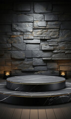 Empty round black marble podium with black stone background for product display