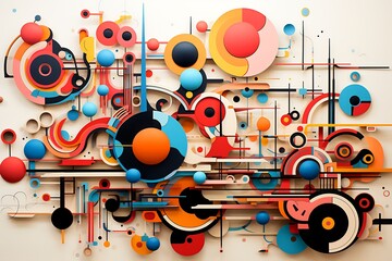 Abstract image with circles, circles, and shapes on white wall.
