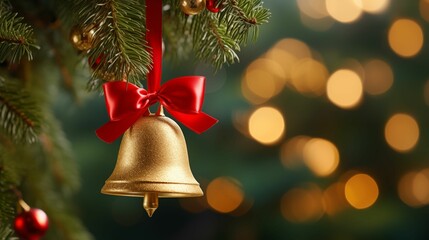 An image of a golden bell decorated with a red bow.