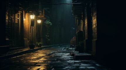 An image of a midnight alley, wet with rain and foggy.