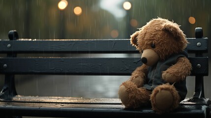 An image of a lonely teddy bear sitting on a park bench. - obrazy, fototapety, plakaty
