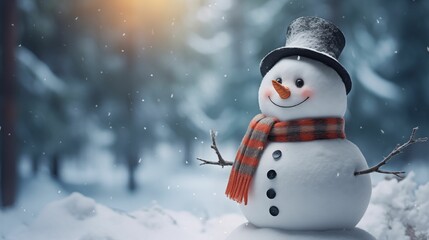 An image of a snowman standing in the middle of a snowy landscape.