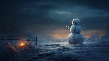 An image of a snowman standing in the middle of a snowy landscape. - obrazy, fototapety, plakaty
