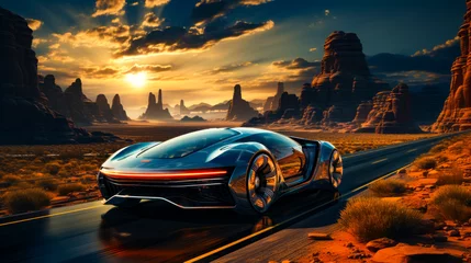 Foto op Plexiglas Futuristic car driving on road in the desert at sunset. © valentyn640