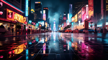 An electrifying shot of a cityscape at night, with neon signs and illuminated buildings creating a striking urban color palette. - obrazy, fototapety, plakaty