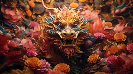 An image of Chinese New Year with a colorful dragon in the spotlight.