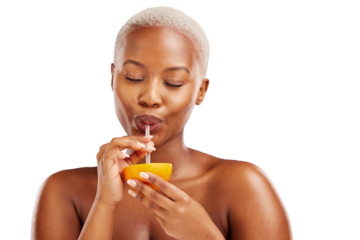 Woman, eyes closed and orange for drinking, health or nutrition in diet for wellness. African model, fruit and straw for juice on isolated or transparent png background by hunger, vitamin c or citrus