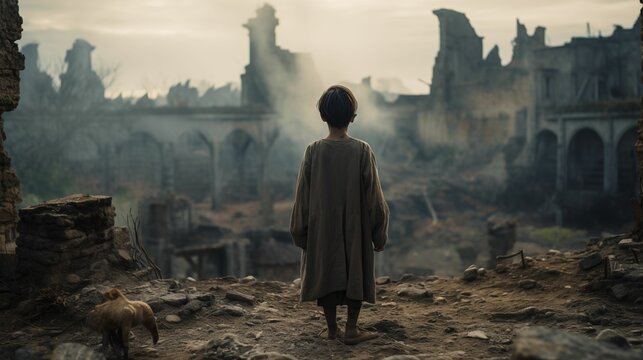 An image of an orphan child stands in front of the ruins.