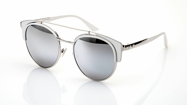An image of sunglasses with silver trim on a white background.
