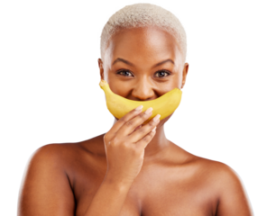 Happy black woman, banana or portrait for skincare, beauty or diet for wellness, health or fruits. Funny, mouth or African person with vitamins or potassium isolated on transparent png background