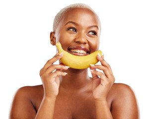 Beauty, thinking face and woman with a banana isolated on png transparent background for health and...