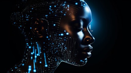 Female black face with matrix digital numbers, dots, links, hologram. concept of artificial intelligence AI with a human face