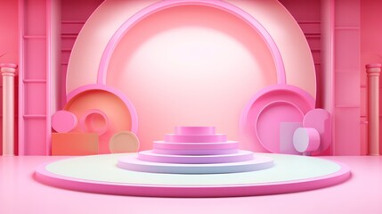 banner of 3d render style background with empty pedestal for products, candycore aesthetics. pink, purple colors.