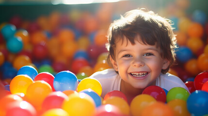 Fototapeta na wymiar Portrait of happy kid child playing at balls pool playground, boy playing with multicolored plastic balls in big dry paddling pool at a playing centre