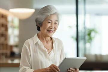 家でタブレットを見る笑顔の日本人おばあさん（デジタル端末・ガジェット・iPad）