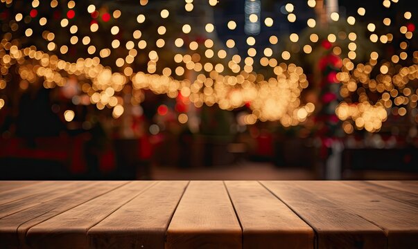 Festive glow. Bokeh lights illuminate christmas celebration. Night of lights. Blurred creates holiday ambiance. City sparkle. Festive light adorn empty wooden table