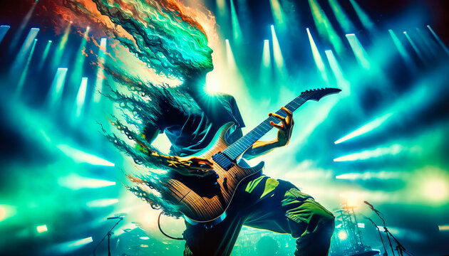 Electric guitarist captivates with a dynamic performance, his silhouette against vibrant stage lights creating a spectacle of color and energy. Generative AI