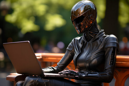Futuristic image of cyborg processing data on laptop in cafe integrating humanoid robot into IT team