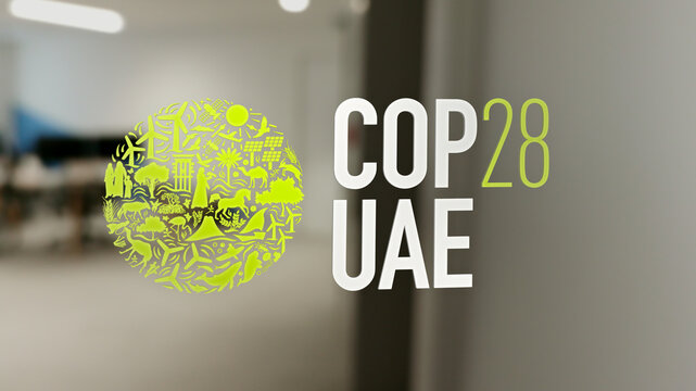Expo City Dubai, United Arab Emirates cop28. The logo of COP28 UAE on a window administration office.