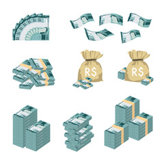 Brazilian Real Vector Illustration. Huge packs of Brazil money set bundle banknotes. Bundle with cash bills. Deposit, wealth, accumulation and inheritance. Falling money 100 BRL