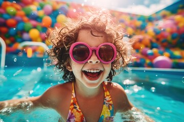 Sunny Delight: Child Enjoys Entertaining Time in the Pool with Sunglasses