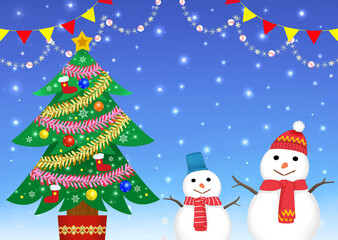 Fototapeta na wymiar おしゃれなクリスマス背景素材　クリスマスツリーと雪だるま　雪景色　キラキラ　ガーランド　飾り