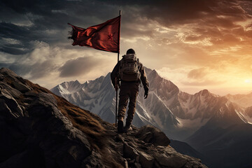 Hiker man heading to mountain top where there is a flag on top. Generative AI
