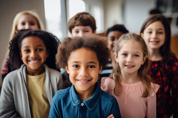 Classroom Harmony: Group of Elementary School Students Standing Together, Creating a Positive Atmosphere of Learning and Friendship