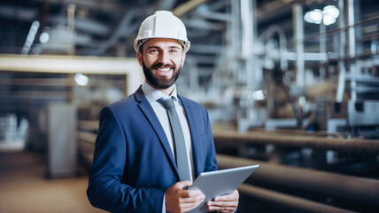 Portrait of industry engineer in uniform using tablet pc at power plant.
